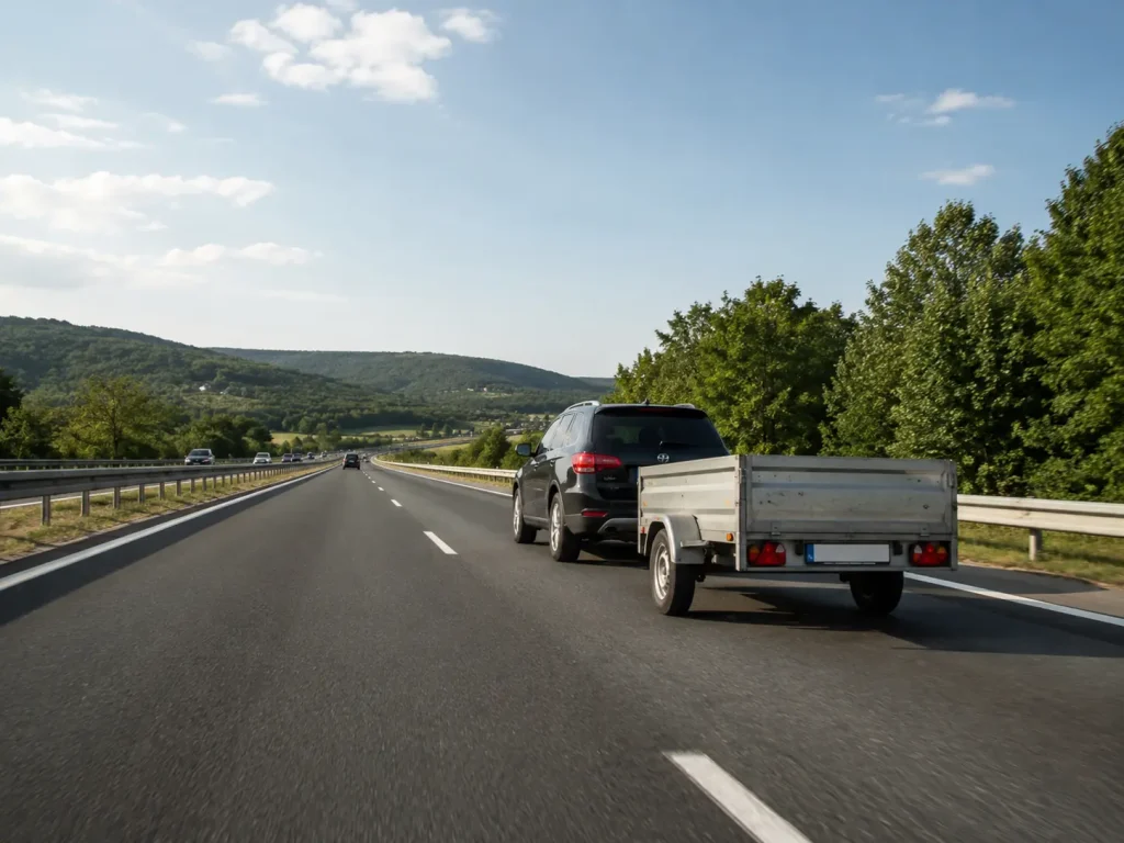 Egy autópályán haladó autó, amely utánfutót vontat, sebességkorlátozó tábla 80 km/óra felirattal, napsütéses, vidéki környezetben.