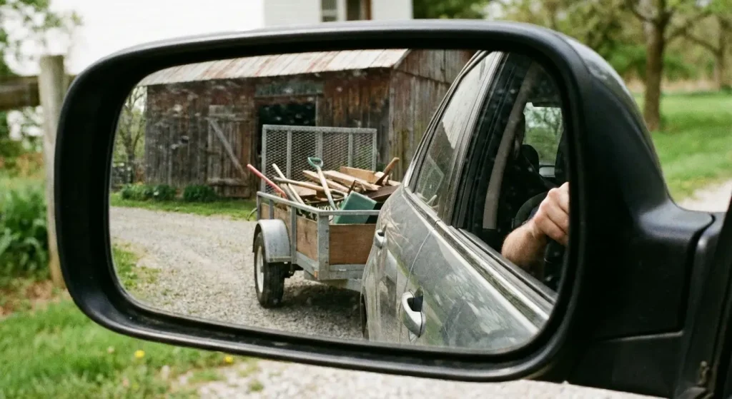 Utánfutó tolatás közben a visszapillantó tükörben – felcsatolt utánfutó látható, ahogy az autó hátrafelé manőverezik