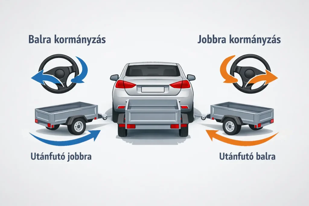 Utánfutóval tolatás kormányzásának iránya – balra kormányzásnál az utánfutó jobbra, jobbra kormányzásnál balra mozdul