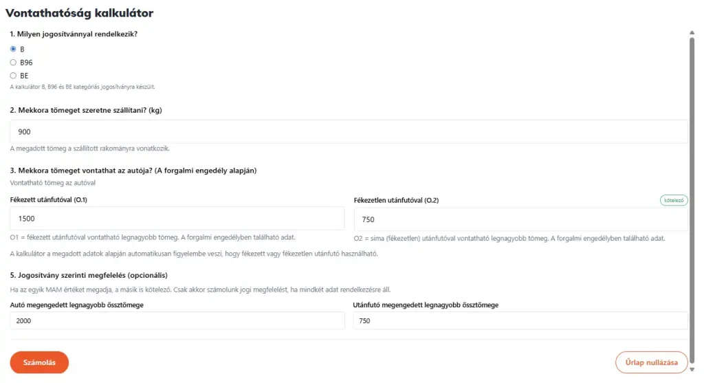 Vontatható tömeg kalkulátor