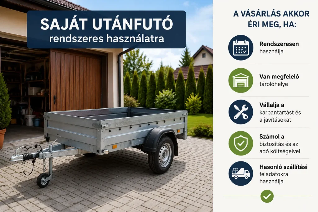 Saját utánfutó egy udvarban, amely azt szemlélteti, mikor érdemes utánfutót vásárolni rendszeres használat esetén.
