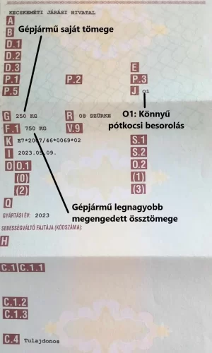 A kép a forgalmi engedélyen való eligazodást segíti, úgy hogy fel van tüntetve a gépjármű saját tömege, gépjármű legnagyobb megengedett össztömege, és a jármű könnyű pótkocsi besorolásának helye.